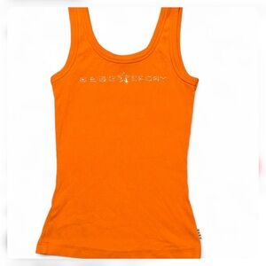 Y2k BEBE Sport Orange Women's Tank Top with Rhinestone Logo.